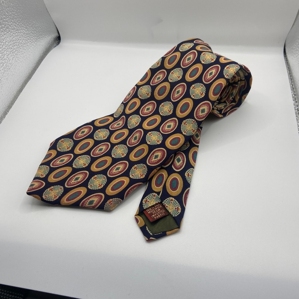 Chaps Ralph Lauren Mens Multi Medallion Pattern Silk Formal Pointed Neck Tie